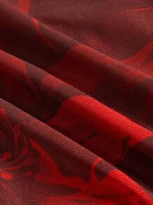 Chiquease Débardeur asymétrique à encolure dégagée, froncé et moulant, avec imprimé floral aléatoire vintage sur un tissu de maille, pour un style élégant et pour le printemps et l'automne - Rouge - Voir 4