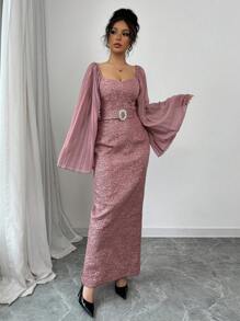 Modelyn Women's Heterogeneous Material Patchwork Diamond Button Jacquard Waist Fitted Bodycon Dress - Pink - View 3