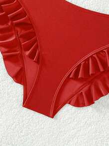 SHEIN Swim 2026 Spring/Summer New Red Side High-Cut Floral Trim Cute Vacation Bikini Bottoms - Red - View 5