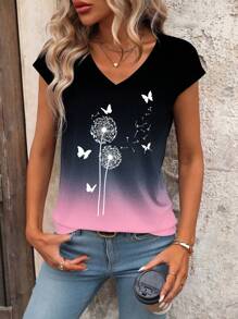 SHEIN Women's Ombre Dandelion & Butterfly Print Dolman V-Neck T-Shirt