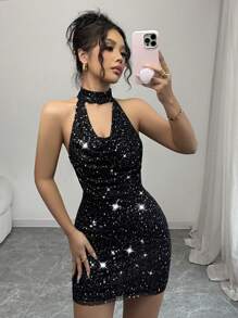 Rafferiza Vestido miniajustado elegante y con lentejuelas con escote profundo y espalda descubierta para mujer - Negro - Ver 5