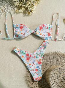 SHEIN Swim Women's High Waist Floral Print Adjustable Tie Sexy French-Cut Bikini Set Two-Piece Bikini Set, Stretchy & Textured, Ideal For Beach Summer Vacation - Multicolor - View 2