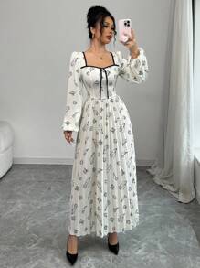 Modelyn Đầm dài tay cổ vuông xếp ly in họa tiết dệt cho nữ - Màu be - Xem 7