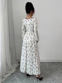 Modelyn Đầm dài tay cổ vuông xếp ly in họa tiết dệt cho nữ - Màu be - Xem 2