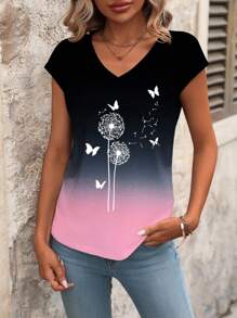SHEIN Women's Ombre Dandelion & Butterfly Print Dolman V-Neck T-Shirt