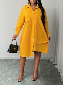 Slaydiva Vestido camisero mini asimétrico elegante de corte evasé de talla grande en color amarillo para Año Nuevo 2024. Adecuado para primavera y otoño, para uso diario, fiestas y citas.