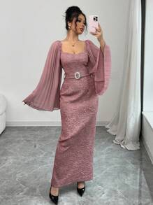 Modelyn Women's Heterogeneous Material Patchwork Diamond Button Jacquard Waist Fitted Bodycon Dress - Pink - View 5