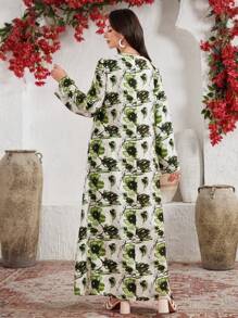 Al Najma Women's Green Fresh Floral Print Ruffle Collar Long Sleeve Loose Long Arabian Dress, Arabian Dresses - Green - View 2