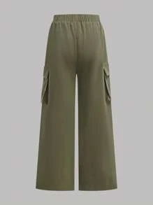 SHEIN Tween 女童修身休闲迷彩印花短袖 T 恤和工装裤 2 件套 - 卡其色 - 查看 6