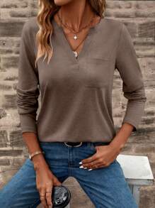 EMERY ROSE Long Sleeve Notched Neck Solid Color Casual T-Shirt Fall Cloth For Women - Mocha Brown - View 6