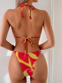 SHEIN Swim 2pcs/Set Women's Random Floral Print Sexy V-Neck Halter Wrapped Top And Triangular Bottom Casual Summer Swimwear - Multicolor - View 4