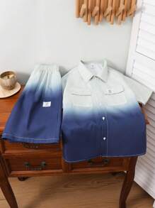 SHEIN Leap Crew 2pcs/Set Tween Boy Casual Street Stylish 3D Cargo Pockets Ombre Loose Comfortable Woven Short Sleeve Shirt And Elastic Waist Versatile Shorts Outfit, Suitable For Outdoor, School, Daily Casual, Sports, Spring/Summer - Multicolor - View 2