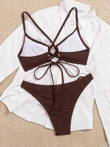 SHEIN Swim Conjunto de bikini con tela texturizada y tirantes cruzados para mujeres, ideal para el verano y vacaciones en la playa