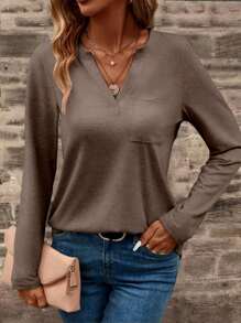 EMERY ROSE Long Sleeve Notched Neck Solid Color Casual T-Shirt Fall Cloth For Women - Mocha Brown - View 3