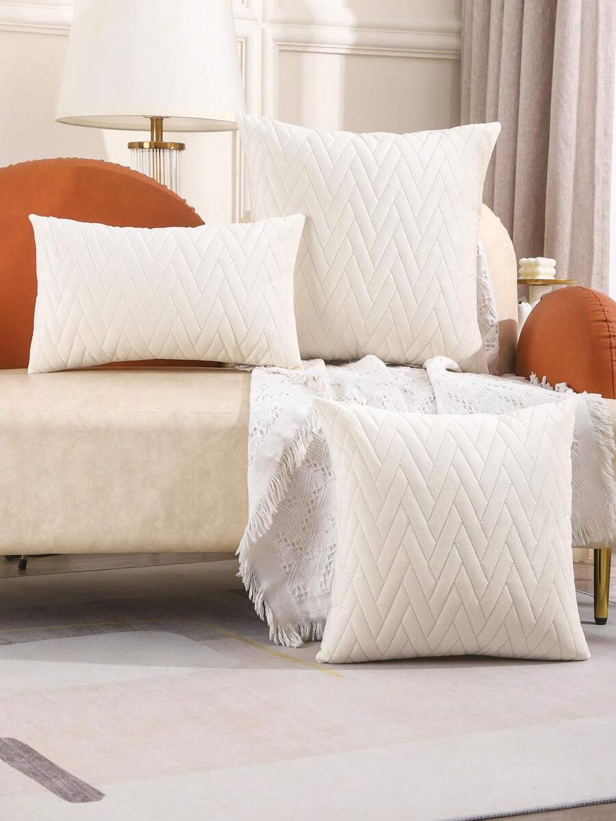 Flocked Geometric Embossed Decorative Throw Pillow Cover For Living Room Or Bedroom - Beige - View 1