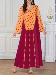 Al Najma Women's Solid Color Patchwork Long Sleeve Casual Long Arabic Style Dress