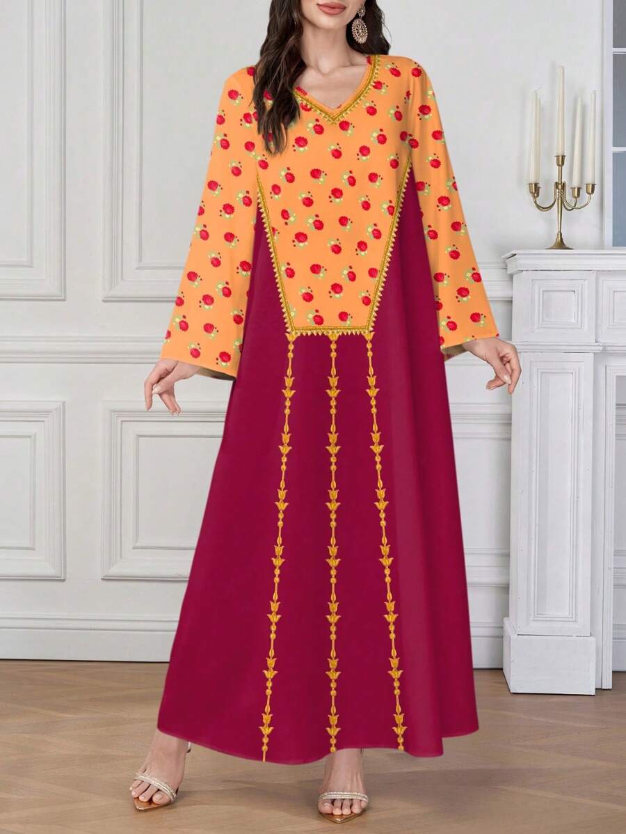 Al Najma Women's Solid Color Patchwork Long Sleeve Casual Long Arabic Style Dress