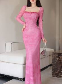 Modelyn 女士网眼撞色蕾丝边紧身优雅性感连衣裙 - 粉色 - 查看 3