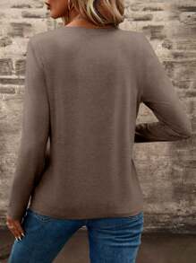 EMERY ROSE Long Sleeve Notched Neck Solid Color Casual T-Shirt Fall Cloth For Women - Mocha Brown - View 2