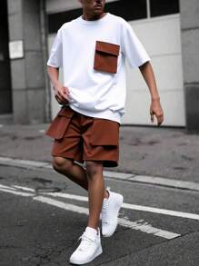 SHEIN Leap Crew Teenage Boy Utility Pockets Short Sleeve Top And Shorts Set