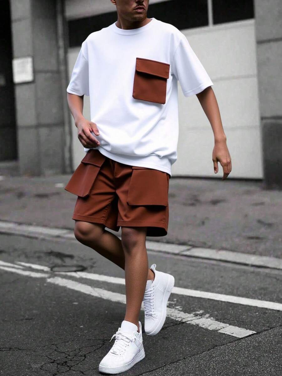 SHEIN Leap Crew Teenage Boy Utility Pockets Short Sleeve Top And Shorts Set