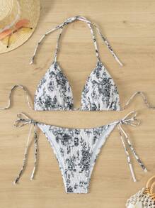 SHEIN Swim Springbreak Floral Pattern Bikini Set, Style ID: 522878 - Black and White - View 1