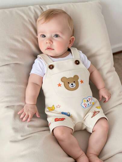 SHEIN 1件新生儿男宝宝卡其色可爱小熊印花可调节肩带口袋短袖连体衣，舒适可爱，适合春夏外出、度假和日常穿着，新生儿百搭休闲服装，男女宝宝通用，婴儿，新生儿，0-9个月