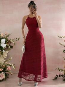 Rafferiza Women's Elegant Lace Halter Cinched Waist Bodycon Dress - Red - View 3