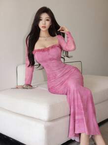 Modelyn 女士网眼撞色蕾丝边紧身优雅性感连衣裙 - 粉色 - 查看 7