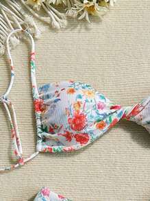 SHEIN Swim Women's High Waist Floral Print Adjustable Tie Sexy French-Cut Bikini Set Two-Piece Bikini Set, Stretchy & Textured, Ideal For Beach Summer Vacation - Multicolor - View 5