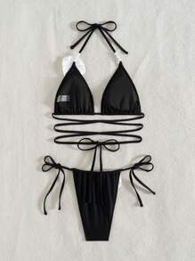 Swim Lushoire Ensemble de bikini triangle à dos ouvert et col montant de couleur unie pour femmes, pour l'été et les vacances à la plage - Noir - Voir 7