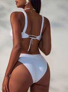 SHEIN Swim 女士性感纯色粗肩带比基尼套装，夏季海滩度假 - 白色 - 查看 2