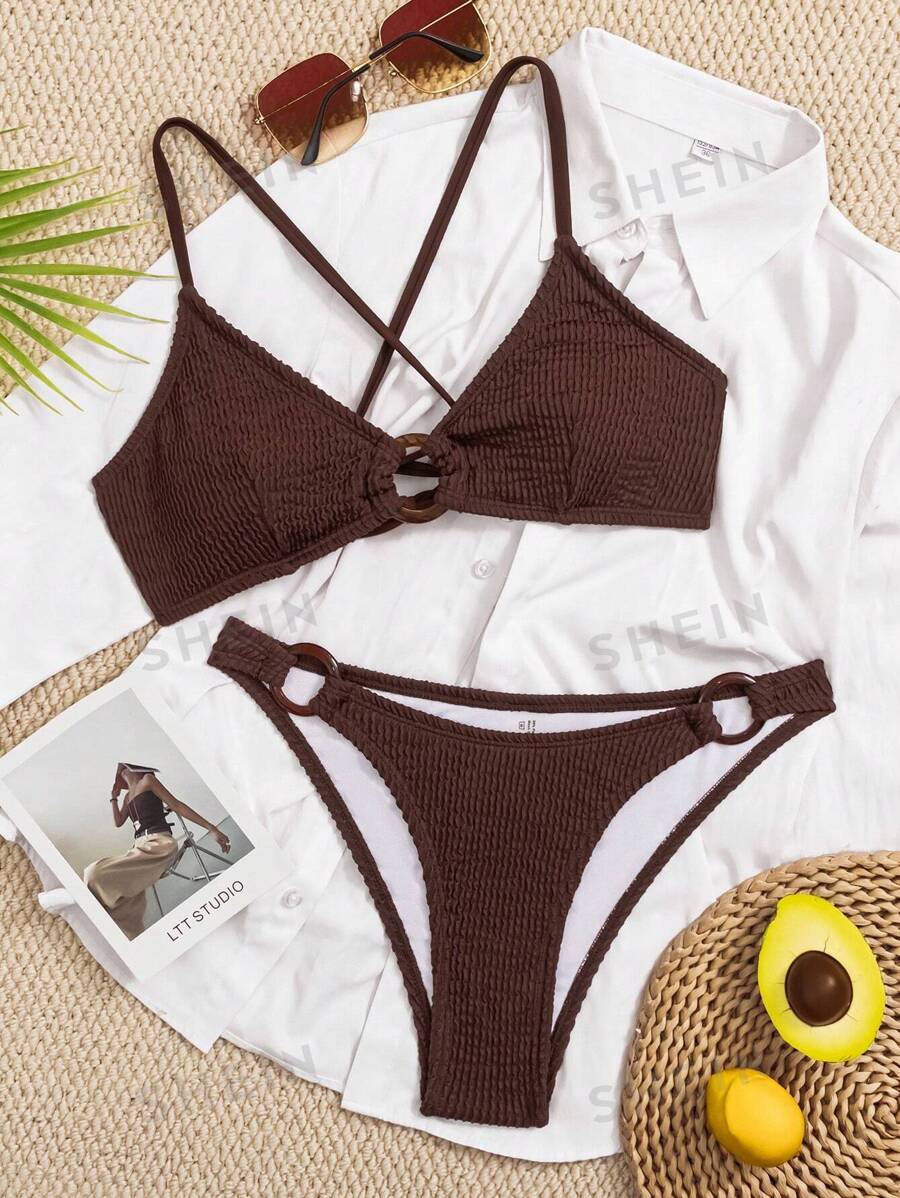 SHEIN Swim Conjunto de bikini con tela texturizada y tirantes cruzados para mujeres, ideal para el verano y vacaciones en la playa