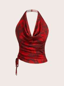 Chiquease Débardeur asymétrique à encolure dégagée, froncé et moulant, avec imprimé floral aléatoire vintage sur un tissu de maille, pour un style élégant et pour le printemps et l'automne - Rouge - Voir 1