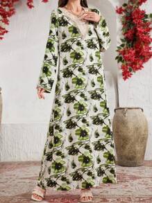 Al Najma Women's Green Fresh Floral Print Ruffle Collar Long Sleeve Loose Long Arabian Dress, Arabian Dresses - Green - View 3