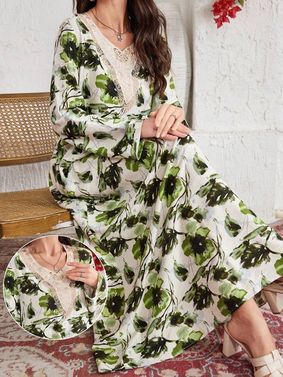 Al Najma Women's Green Fresh Floral Print Ruffle Collar Long Sleeve Loose Long Arabian Dress, Arabian Dresses - Green - View 1