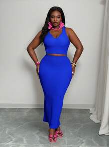 Slaydiva 2025 New Arrival Simple & Sexy Solid Color Cropped Tank Top & Fitted Maxi Skirt Matching Set, Casual All-Match Resort Wear Suitable For Spring/Summer, Size M - Blue - View 9