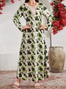 Al Najma Women's Green Fresh Floral Print Ruffle Collar Long Sleeve Loose Long Arabian Dress, Arabian Dresses - Green - View 7