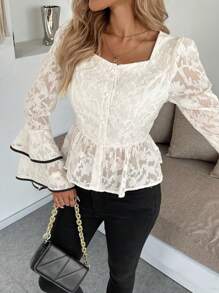 SHEIN Unity Women Elegant Square Neck Cutout Bell Sleeve Blouse Fall Cloth For Women - Apricot - View 3
