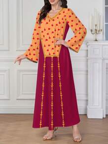 Al Najma Women's Solid Color Patchwork Long Sleeve Casual Long Arabic Style Dress