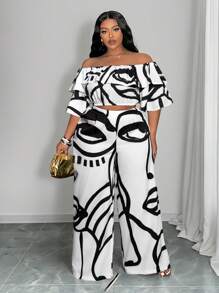 Slaydiva 2pcs Set: Plus Size Women Abstract Figure Print Off Shoulder Ruffle Hem Blouse & Wide-Leg Pants Casual Suit