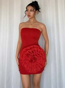 Chiquease 女士优雅 3D 花卉鲜红色紧身连衣裙