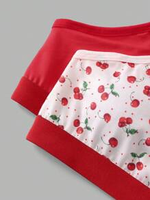 2pcs/Set Big Girls' Cherry Print & Solid Red Underwear Set - Multicolor - View 6