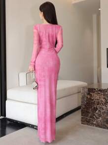 Modelyn 女士网眼撞色蕾丝边紧身优雅性感连衣裙 - 粉色 - 查看 2