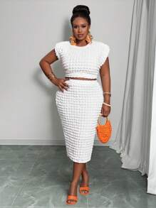 Slaydiva 2pcs/Set Plus Size Women 2025 Casual White Basic Daily & Party Elegant Relaxed Blouse Top With Bubble Textured Fabric & Fitted Skirt - White - View 8