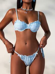 Women's Sexy Plaid Tie Design Bikini Set, For Summer Beach Vacation