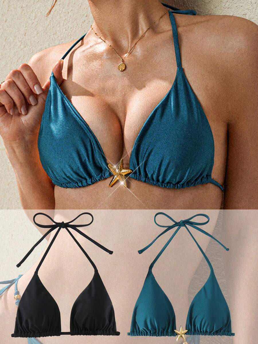 SHEIN Swim Women's Springbreak 2 Pieces Swimwear - Solid Color Top, Beach Wear With Metal Accessories, Matching Design For Summer Beach Vacation - Multicolor - View 1