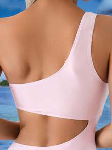 Swim Vcay Ladies' Springbreak Backless One Shoulder Pink Summer One-Piece Swimsuit For Beach Vacation - Pink - View 4