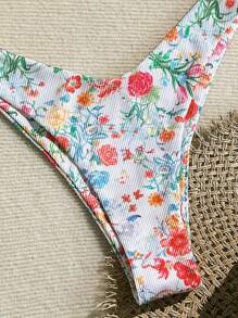 SHEIN Swim Women's High Waist Floral Print Adjustable Tie Sexy French-Cut Bikini Set Two-Piece Bikini Set, Stretchy & Textured, Ideal For Beach Summer Vacation - Multicolor - View 4