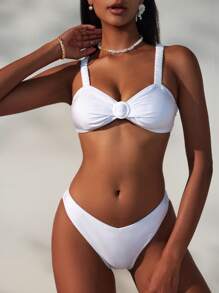 SHEIN Swim 女士性感纯色粗肩带比基尼套装，夏季海滩度假 - 白色 - 查看 4